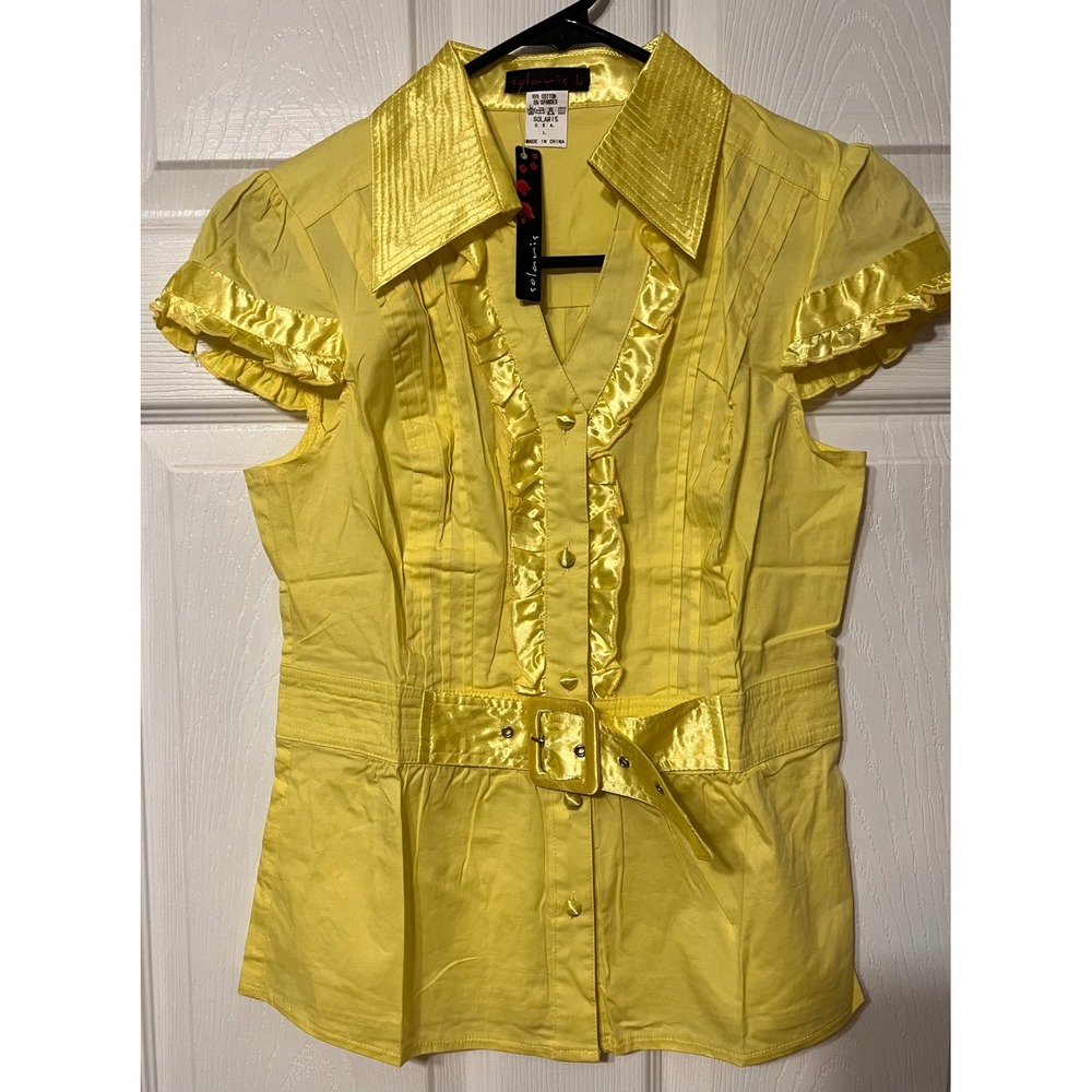 Solaris NWT Yellow‎ Ruffle Belted Button Down Blouse Pintuck Top Large-smaller